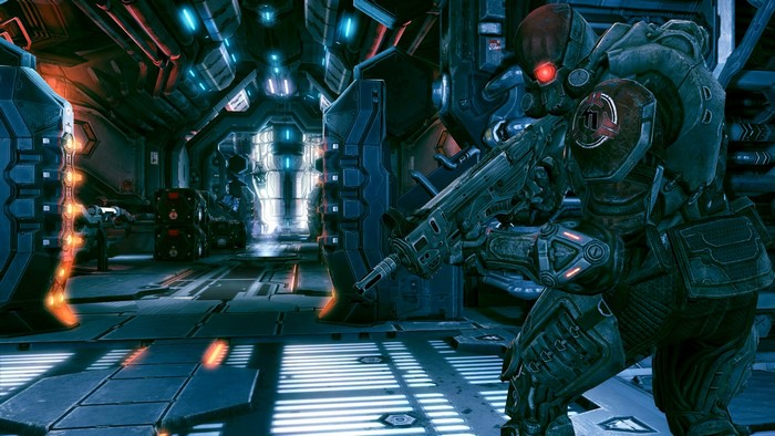 Soldier with rifle in futuristic corridor