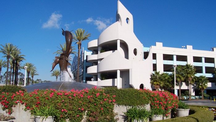 Dolphin fountain and modern architecture in Long Beach, USA