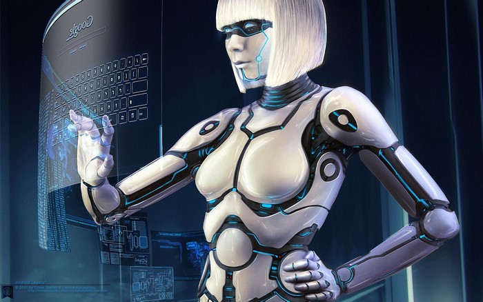 Robot interacting with a futuristic holographic interface