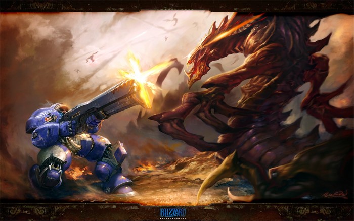 Marine fighting a Zerg creature in StarCraft