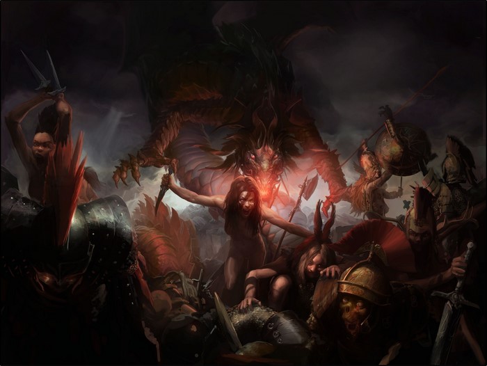 Battle against a dragon with warriors