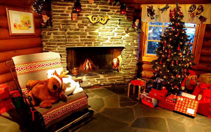 Cozy Christmas scene with fireplace and tree