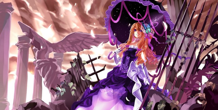 Girl with umbrella and butterfly in ruins