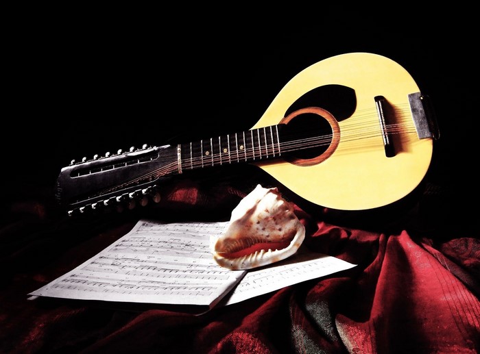 Mandolin and sheet music on red fabric