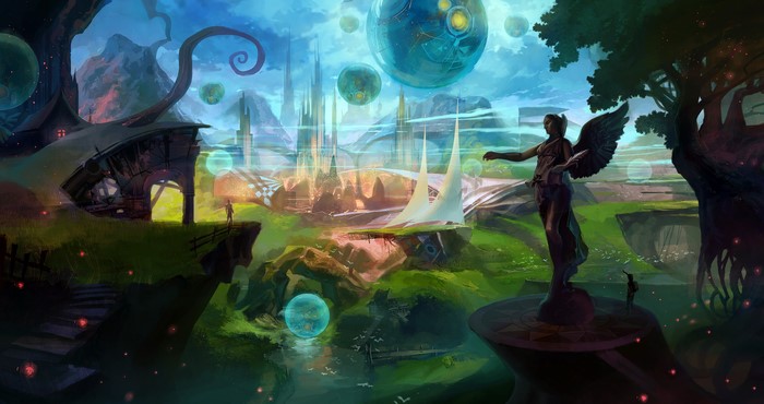 Fantastic world with floating orbs and futuristic city