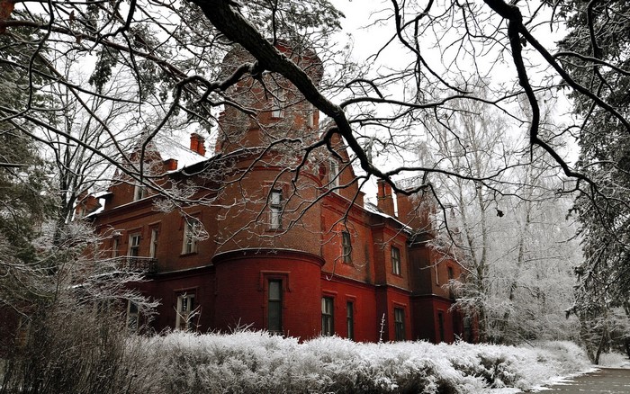 Red brick castle in winter forest
