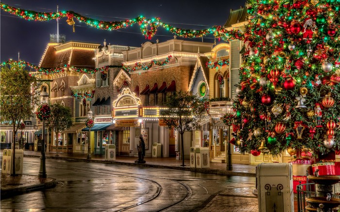 Christmas decorations on Main Street at night