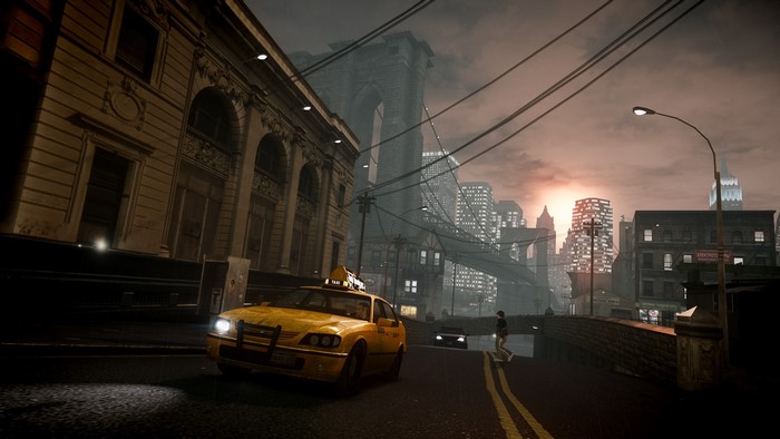 Taxi in New York City with Brooklyn Bridge