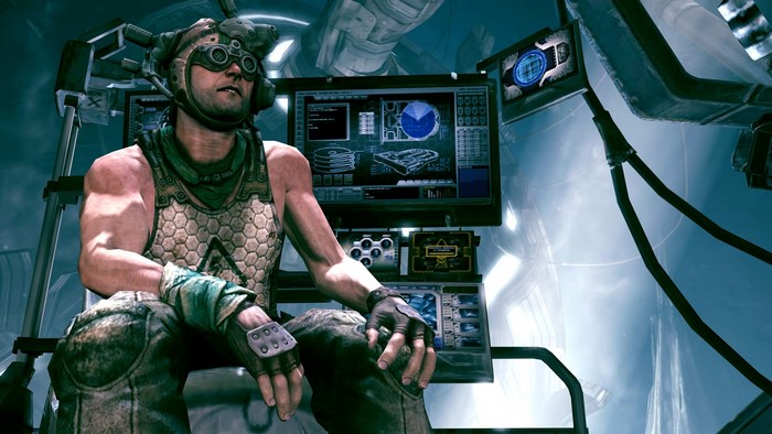 Man in futuristic gear in a control room