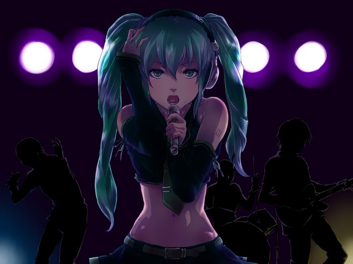 Hatsune Miku performing on stage with a band