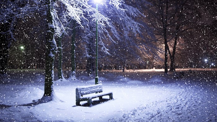 Snowy park bench at night with streetlights