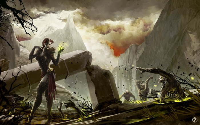 Necromancer casting magic amidst ruins and zombies