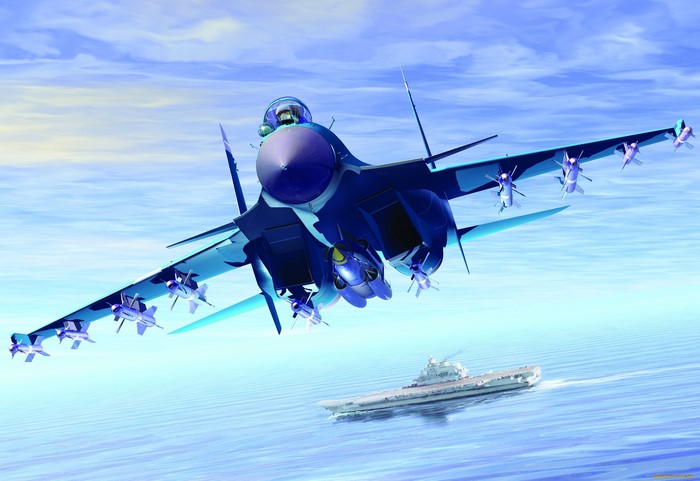 Blue fighter jet flying over aircraft carrier
