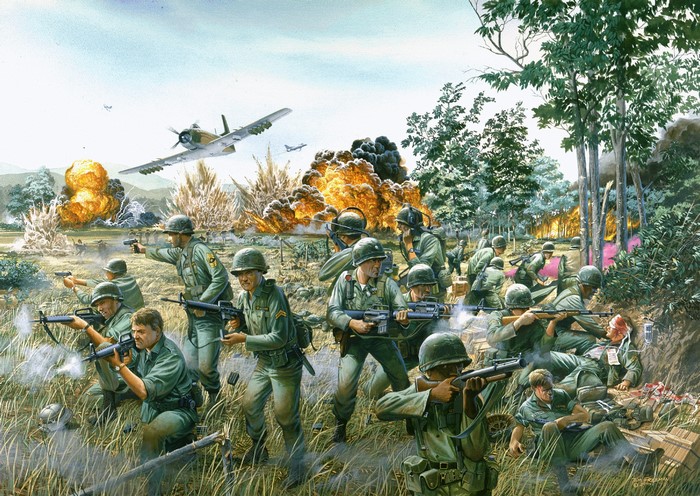 Soldiers in combat during a bombing raid