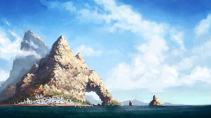 Fantasy island with arch rock and village