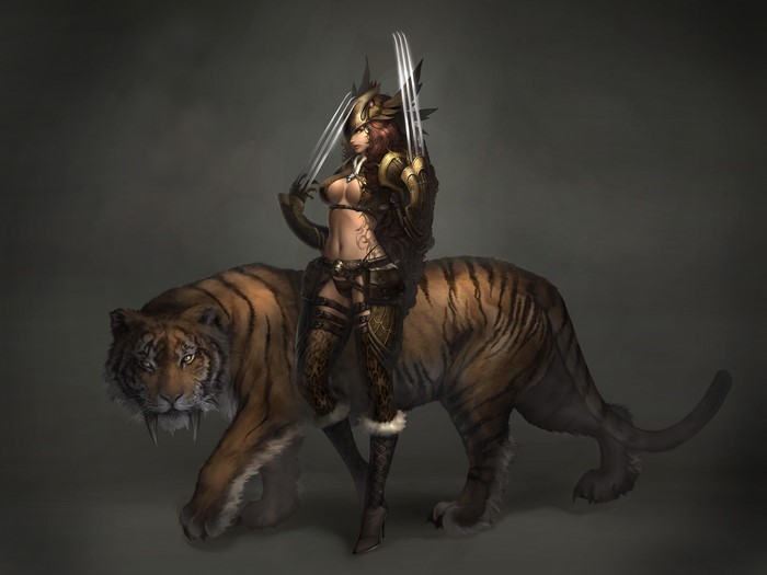Warrior woman with saber-toothed tiger from Atlantica Online