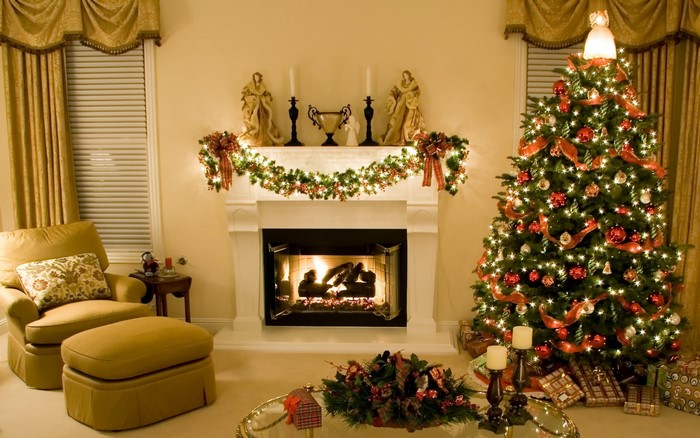 Christmas living room with fireplace and tree