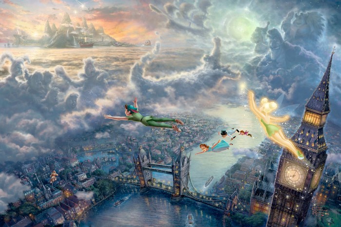 Peter Pan and Tinkerbell flying over London