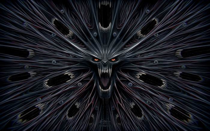 Demonic creature with multiple eyes and fangs
