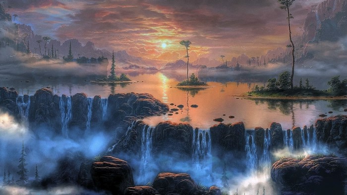 Fantasy landscape with waterfalls and islands at sunset