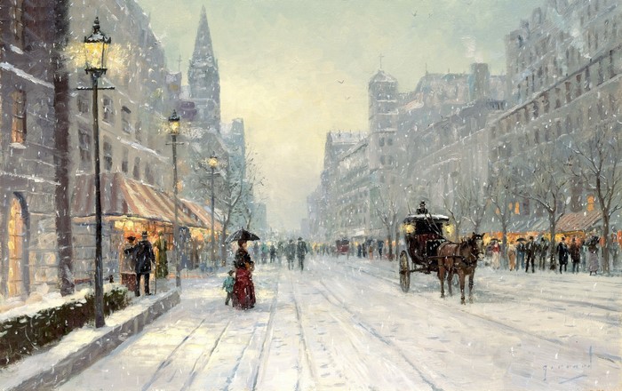 Winter street scene with horse-drawn carriage and pedestrians