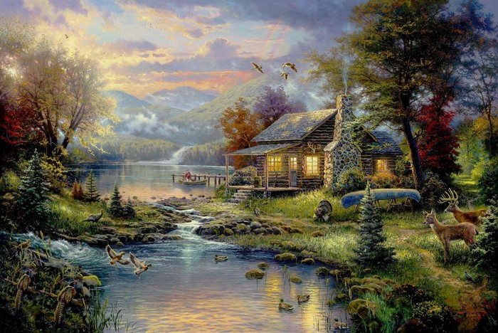 Tranquil Lakeside Cabin by Thomas Kinkade
