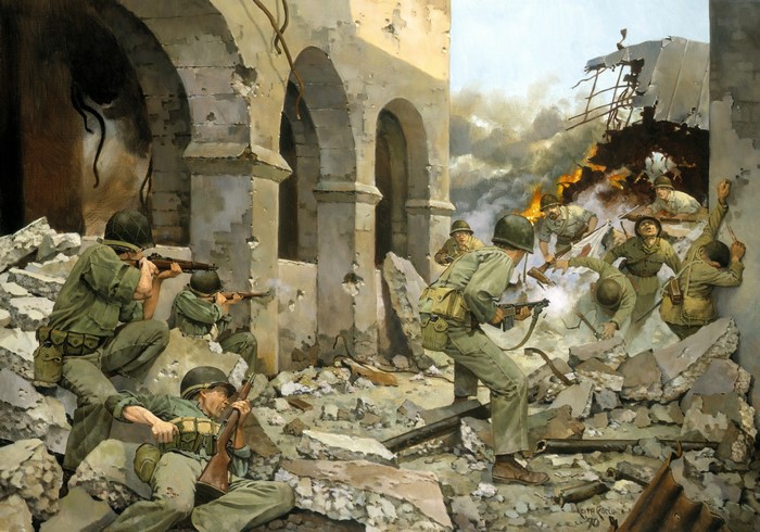 Soldiers in a battle amidst rubble and destroyed buildings