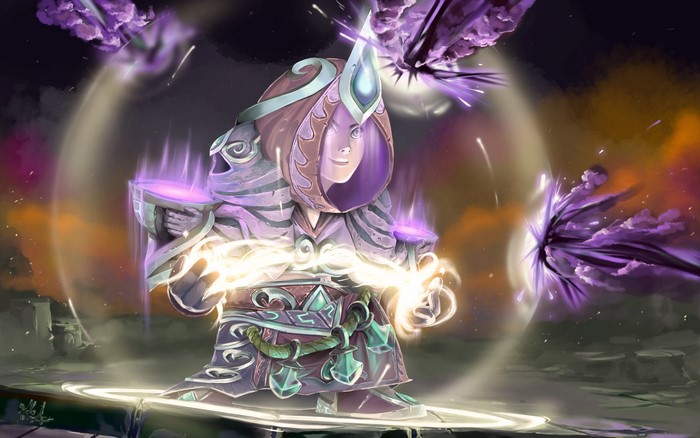 Mage casting magic with purple energy orbs