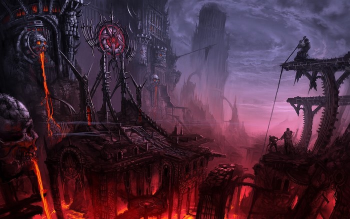 Hellish landscape with demonic architecture and lava