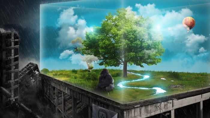 Gorilla in a surreal nature preserve on a ruined city rooftop