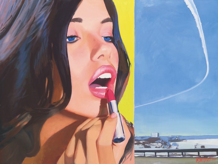 Woman applying lipstick with a landscape background