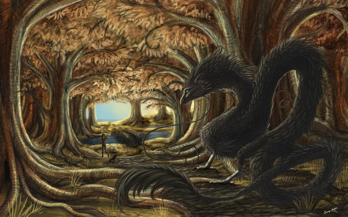 A black dragon in a forest with a girl