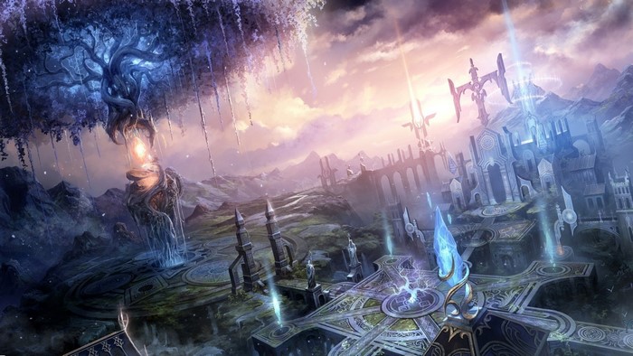 Mystical Ancient Ruins with Glowing Tree and Crystal