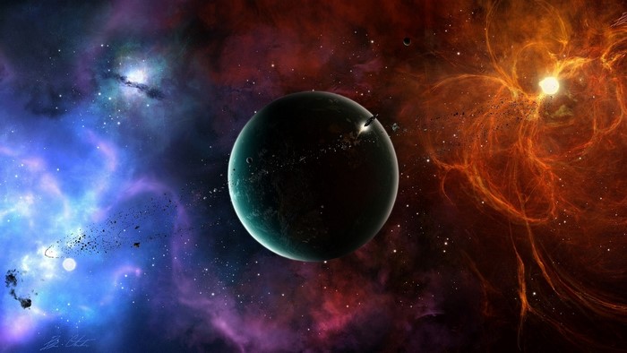 Planet in a colorful nebula with debris field