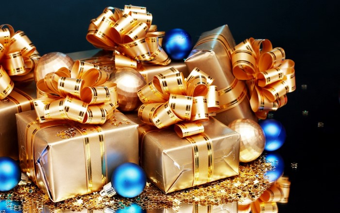 Golden Christmas Gifts with Blue Ornaments