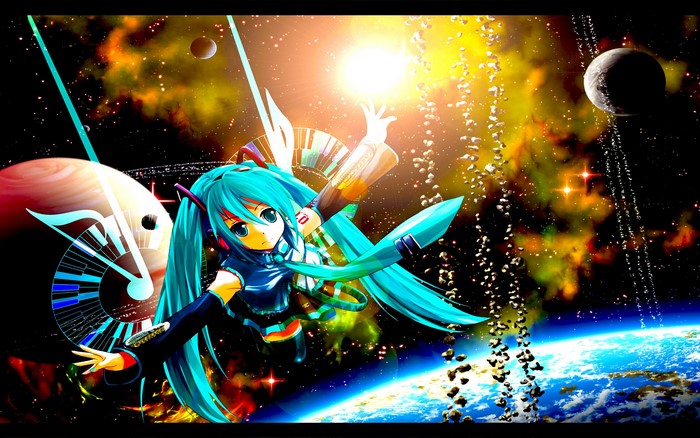 Hatsune Miku in Space with Planets and Stars
