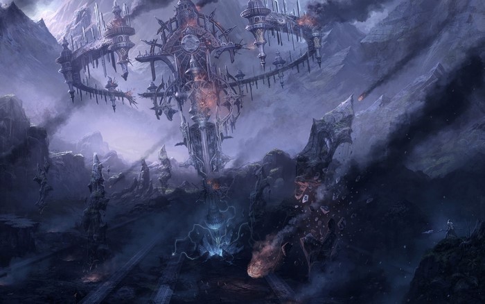 Fantasy world with floating structures and mountains