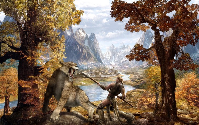 Sabertooth tiger fighting a warrior in ParaWorld