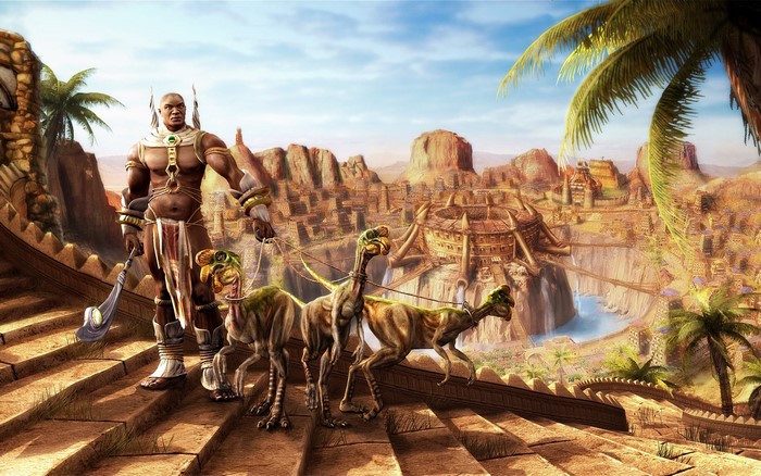 Warrior with raptor-like creatures in a desert city