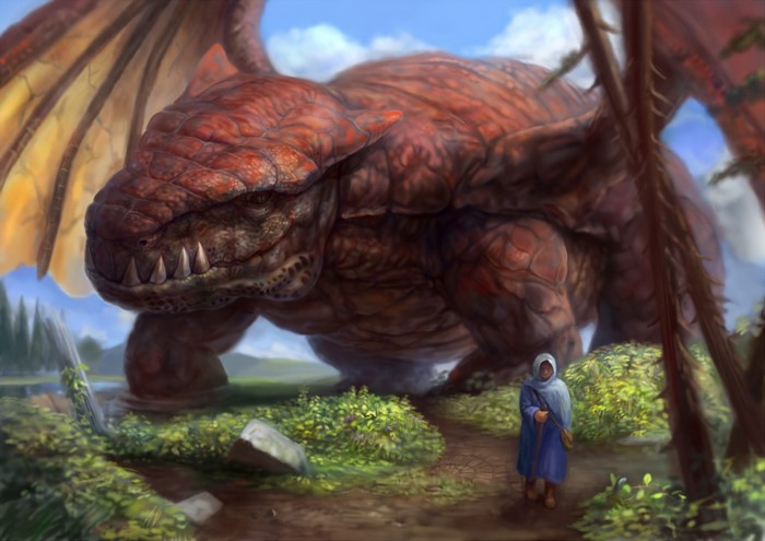 A giant red dragon looms over a person