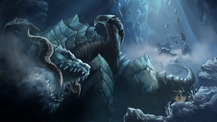 Ice Dragon and Warriors in a Cave