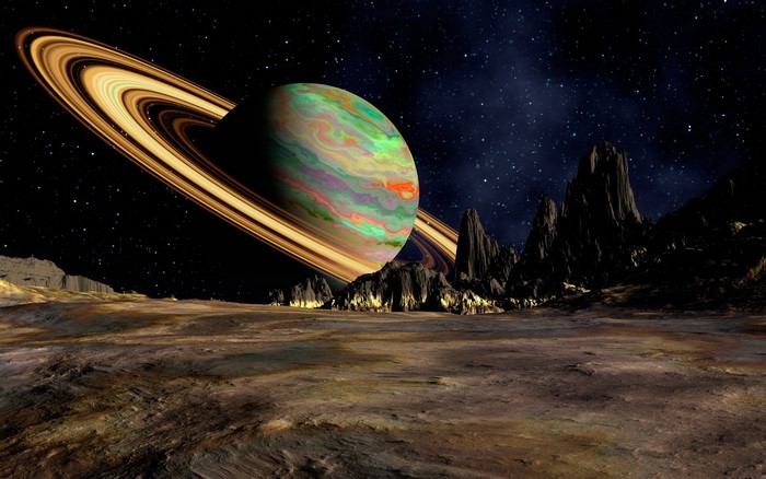 Planet with rings in outer space