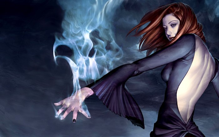 Woman conjuring blue smoke magic