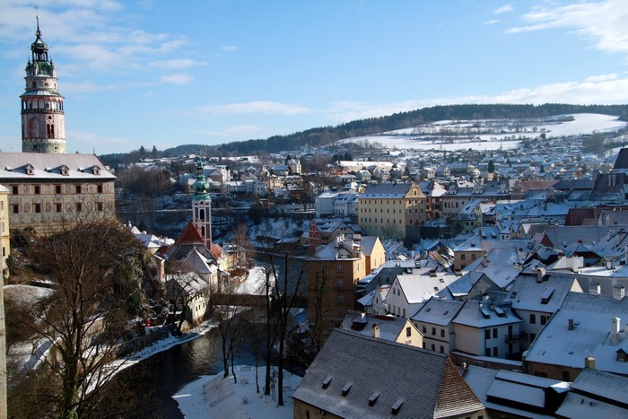 Cesky Krumlov Castle and town in winter, Czech Republic