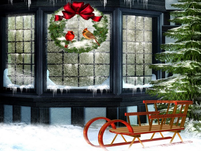 Christmas Wreath with Cardinals and Sled
