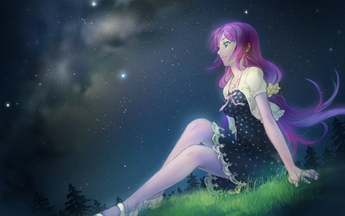 Senjougahara Hitagi from Bakemonogatari sitting under the stars