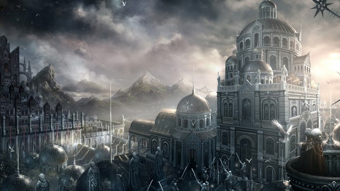 Fantasy city with grand architecture and mountains