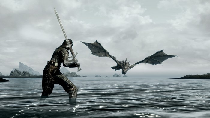 Dragonborn fighting a dragon in Skyrim