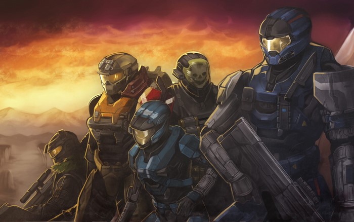 Five armored soldiers from Halo stand in a desert landscape.