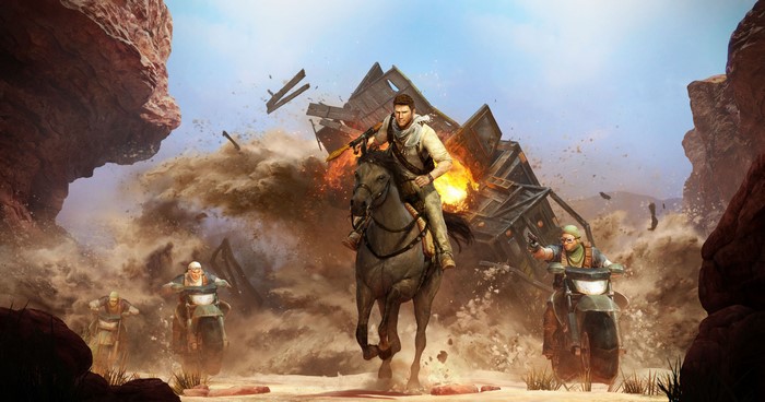 Nathan Drake from Uncharted on horseback in a desert explosion